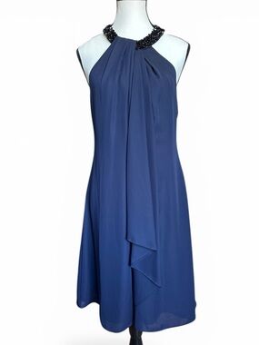 Calvin Klein NWT Navy Halter Dress 6 Beaded Neckline A Line Cocktail Formal Glam